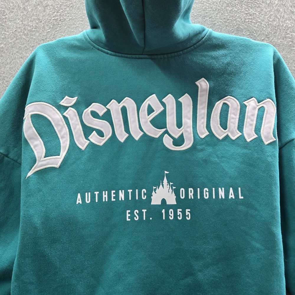 Disney Parks Men Hoodie L Teal Embroidered Fleece Disneyland Spellout Full Zip